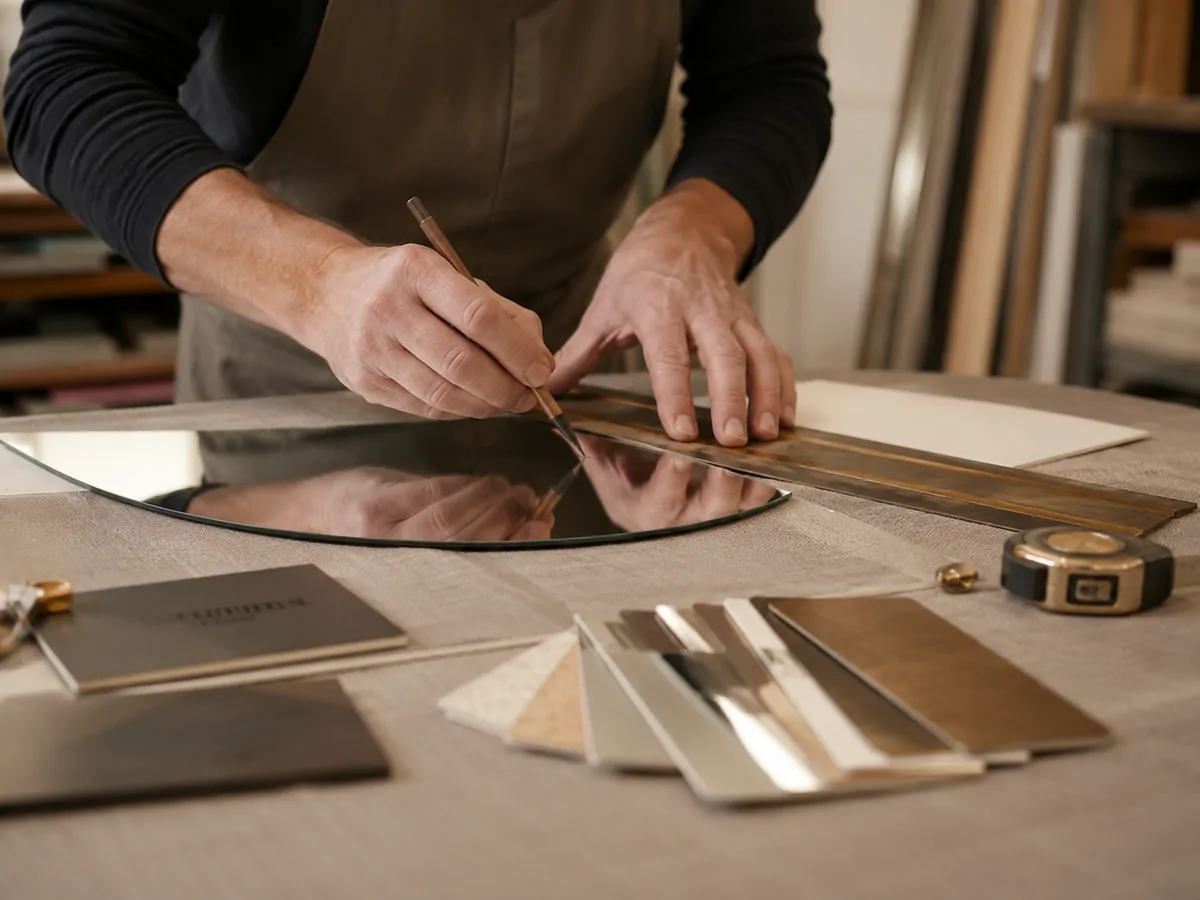 A shaped mirror being marked by hand against a measuring straightedge