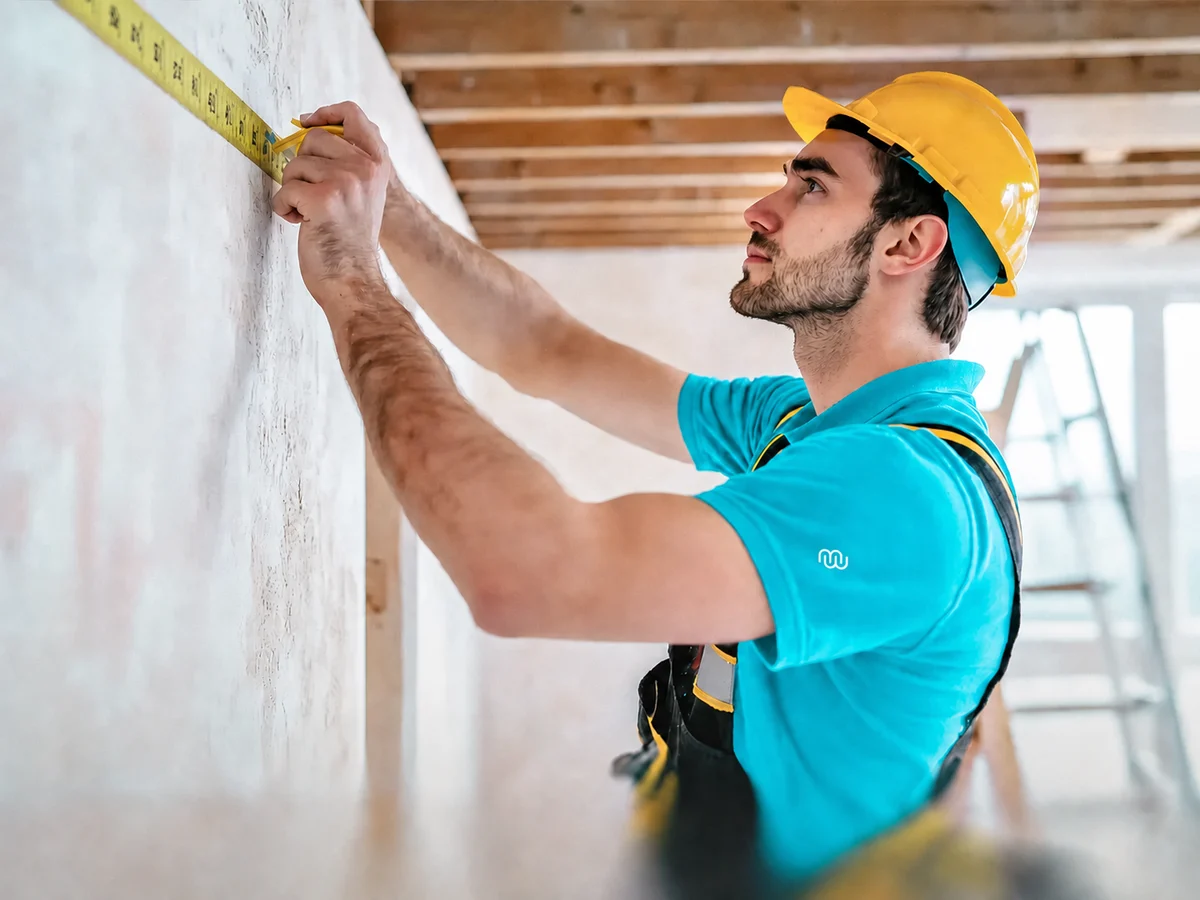 A surveyor measuring a wall before mirror manufacture