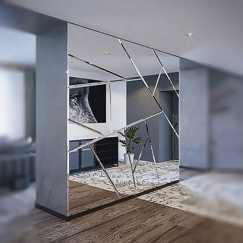 irregular geometric mirror tiles fitted as a bespoke feature wall