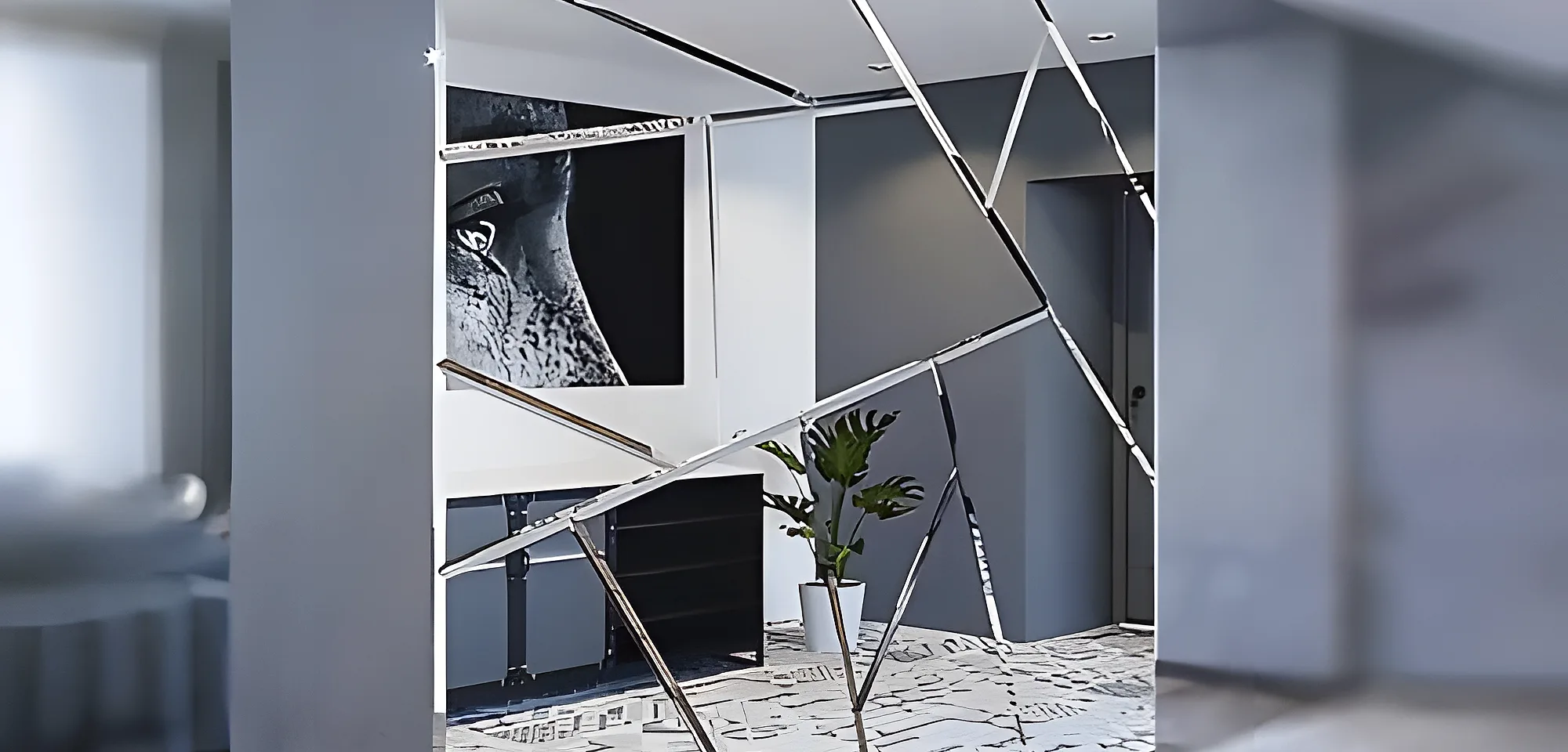 geometric decorative mirror wall panels fitted as a feature wall in an interior