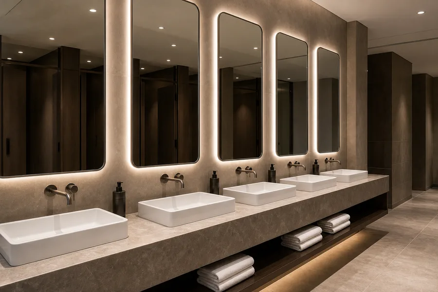 Commercial washroom mirrors installed above multiple basins