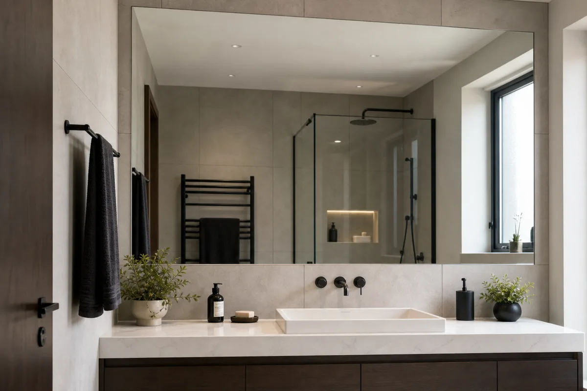 Large plain mirror panel fitted over a tiled bathroom wall