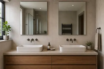 Plain bathroom mirrors fitted above his-and-hers sinks