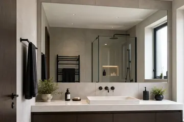 Large plain mirror panel fitted over a tiled bathroom wall