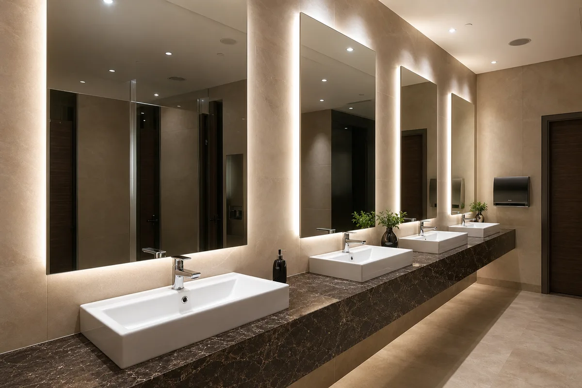 Commercial bathroom mirror installation above basins in a modern washroom