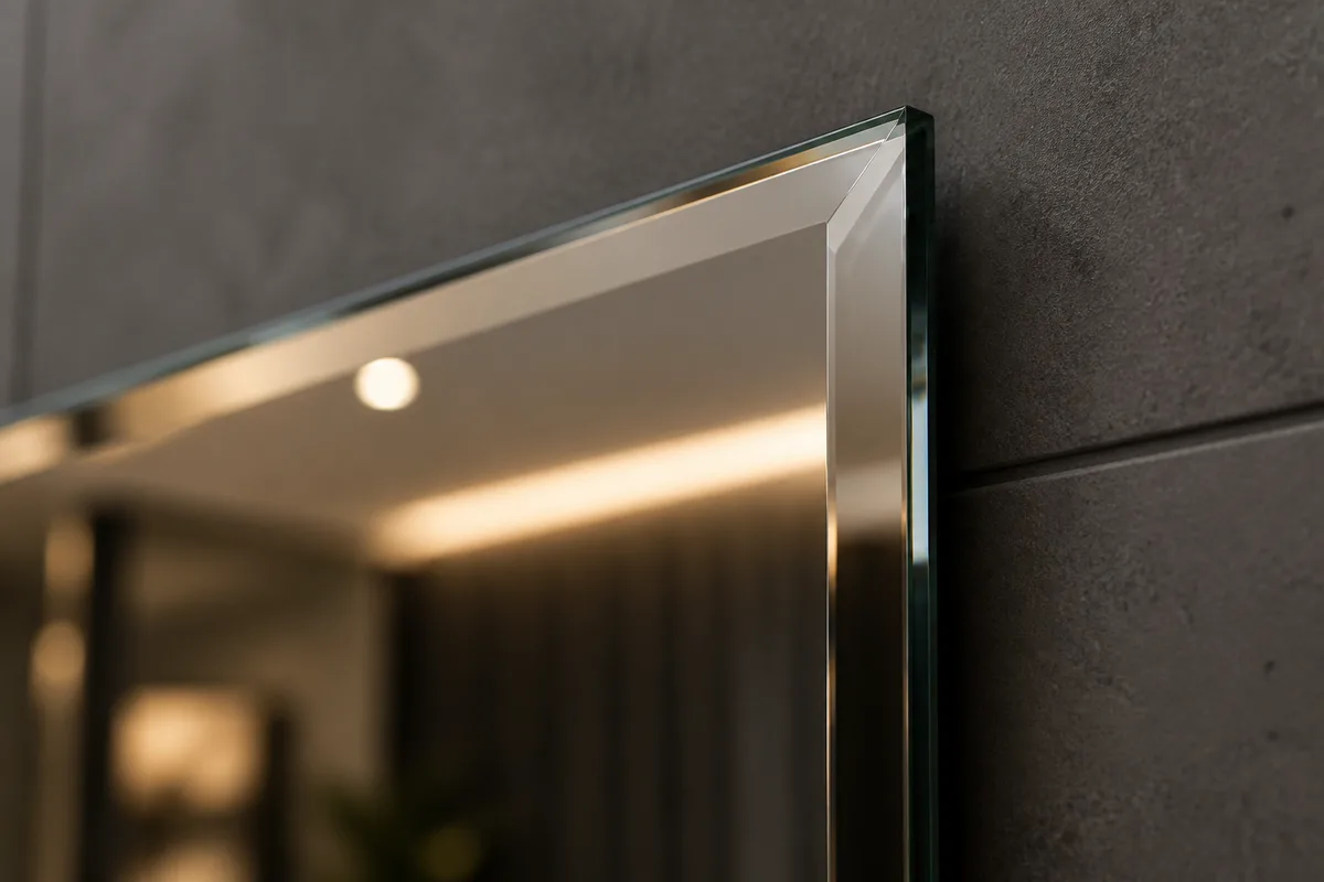 Close-up of high-quality commercial mirror finish and polished edge detail