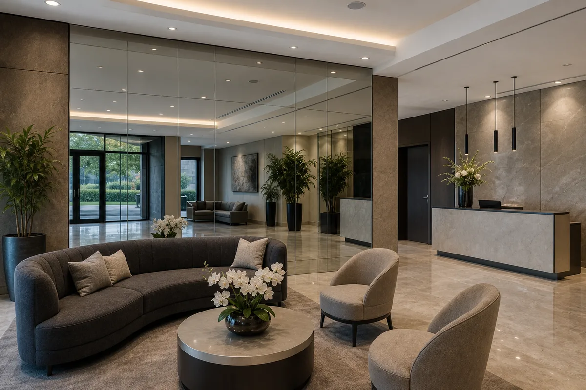 Large decorative mirror wall in a commercial reception area