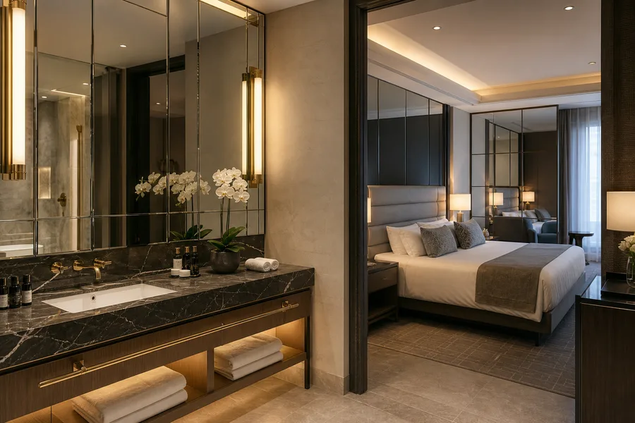Made-to-measure commercial mirrors installed in a hotel bathroom and guest room setting