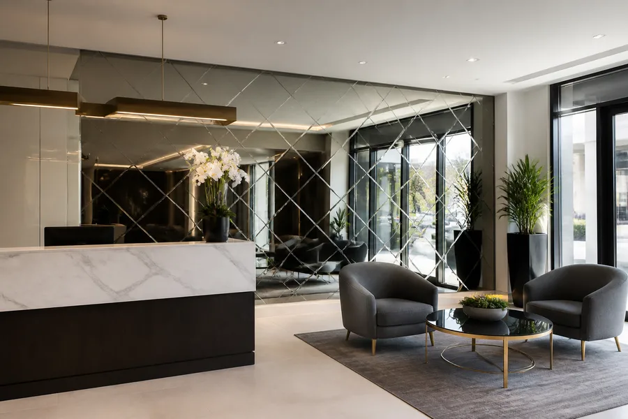 Commercial mirrors used in a modern office or reception area