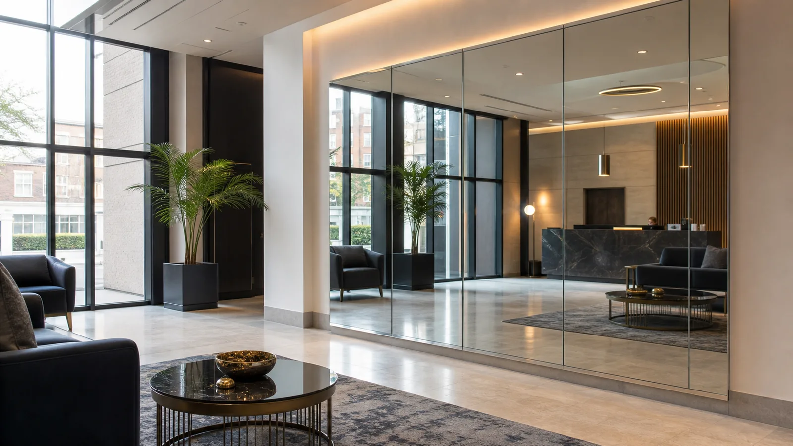 Commercial mirror installation in a modern reception and interior space