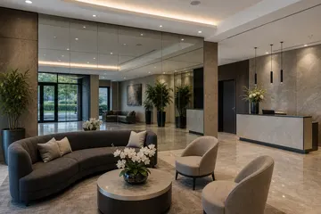 Large decorative mirror wall in a commercial reception area