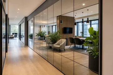 Decorative mirrors installed in a commercial office corridor or communal space