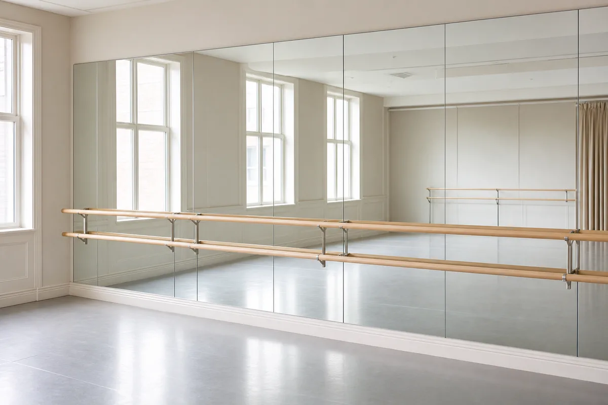 Dance studio mirrors installed above a ballet barre