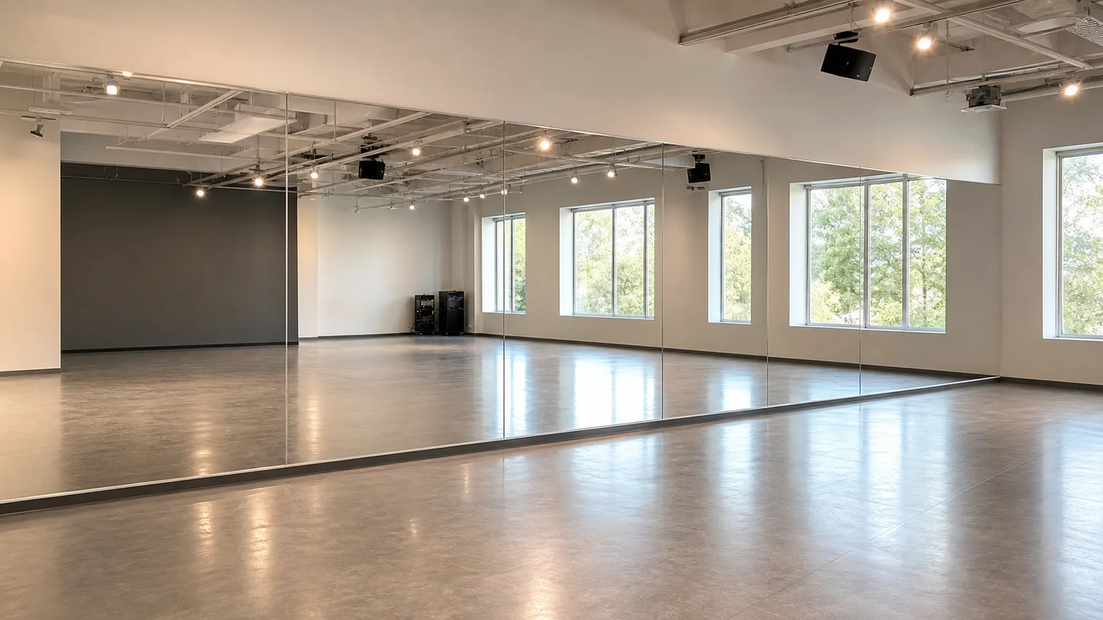 Large wall mirrors installed in a professional dance studio