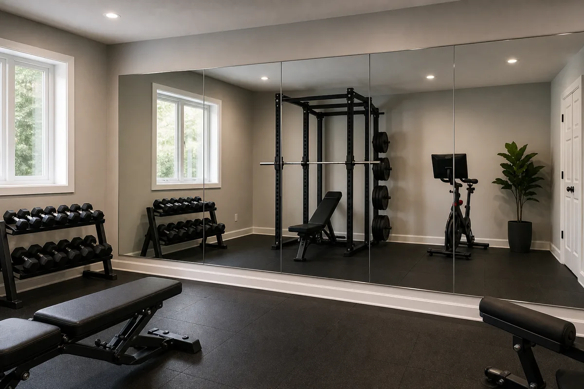 Full wall mirror installation in a home gym