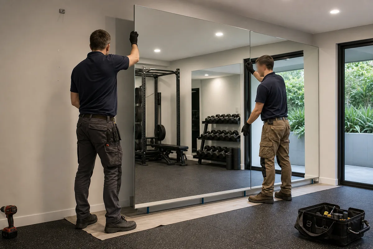 Professional installers fitting a large home gym mirror panel