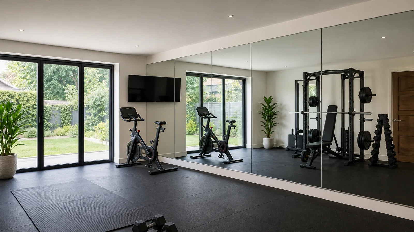 Large wall mirrors installed in a modern home gym