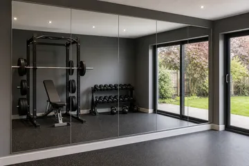 Multiple mirror panels installed in a home gym