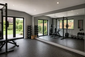 Wall mirrors installed in an outbuilding home gym