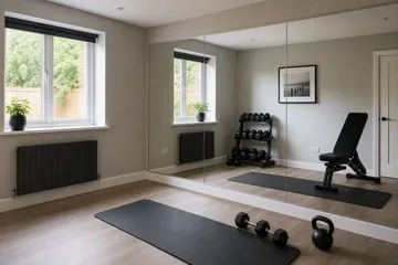 Large mirror fitted in a spare room workout space