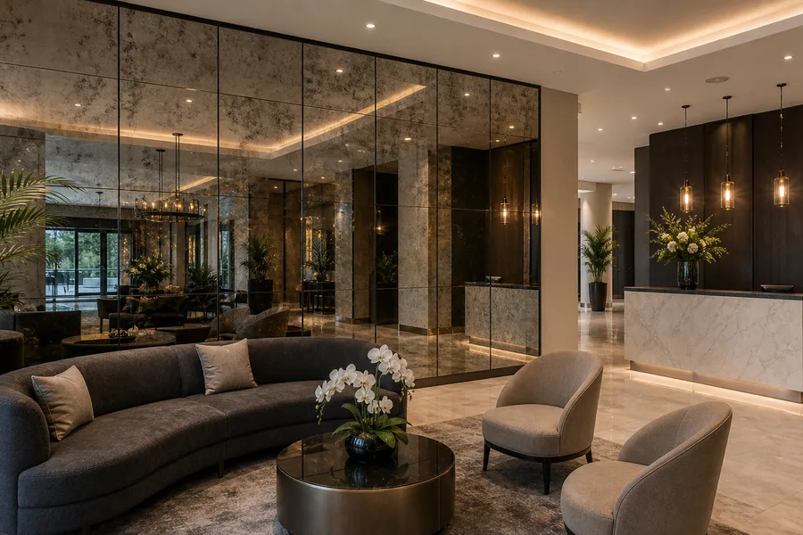 Decorative mirror wall installed in a hotel reception area