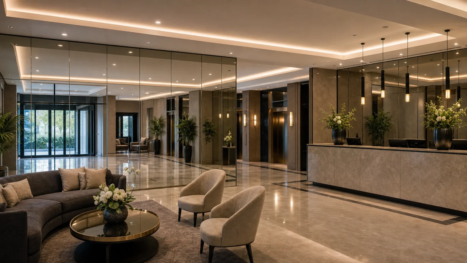 Made-to-measure hotel mirrors installed in a premium hospitality interior