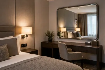 Boutique hotel bedroom with fitted wall mirror