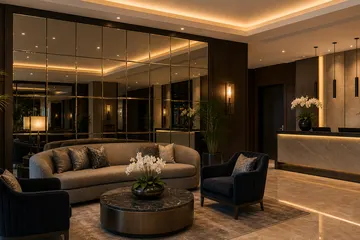 Feature mirror installation in a hotel reception
