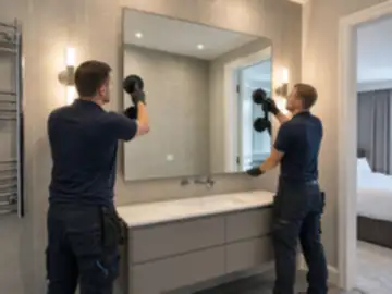 Professional installers fitting a realistic sized mirror panel on a property project