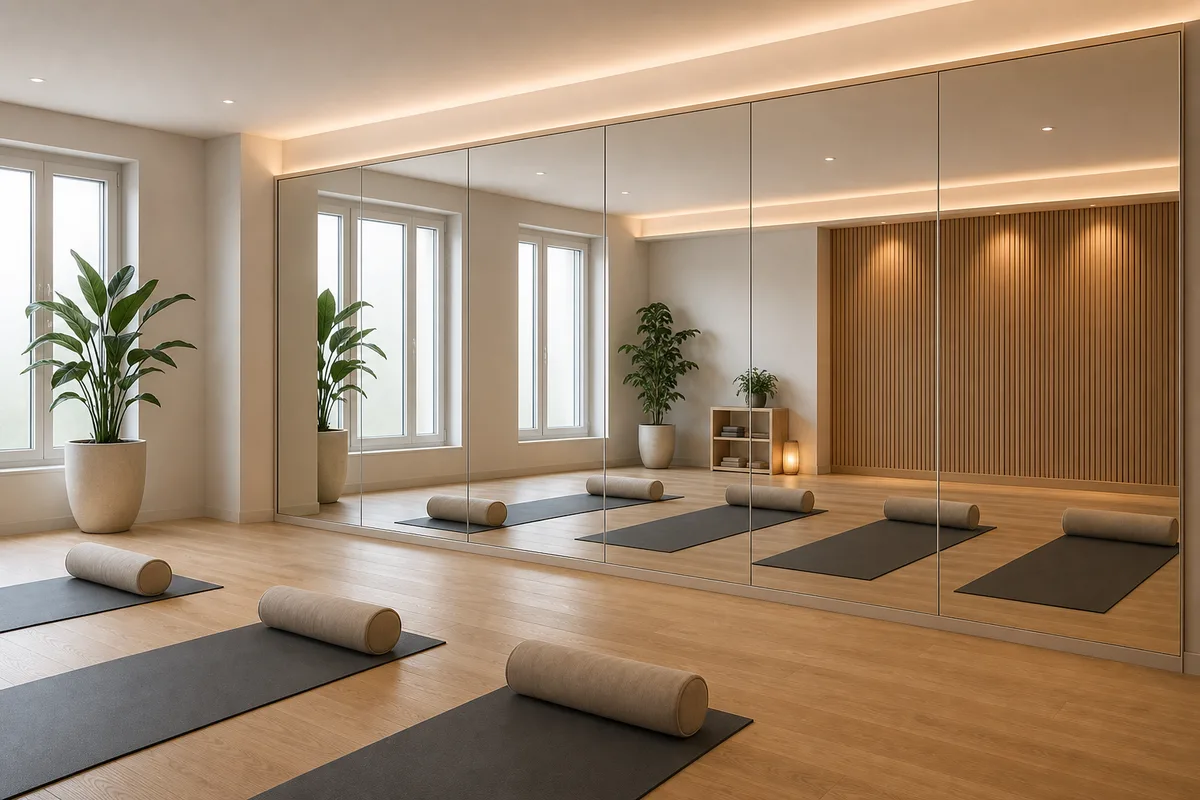 Multiple mirror panels installed in a Pilates and yoga studio