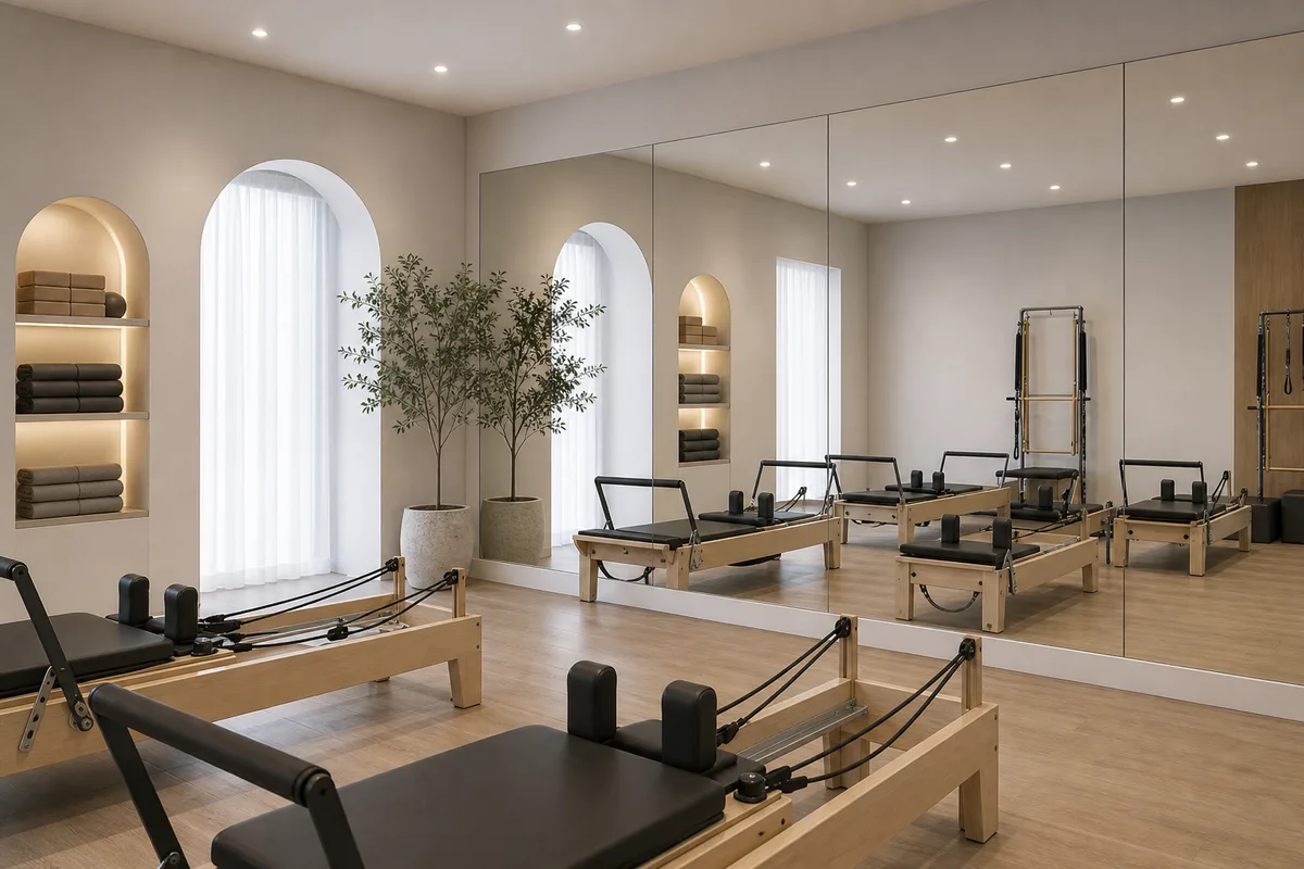 Mirror wall installed in a reformer Pilates studio
