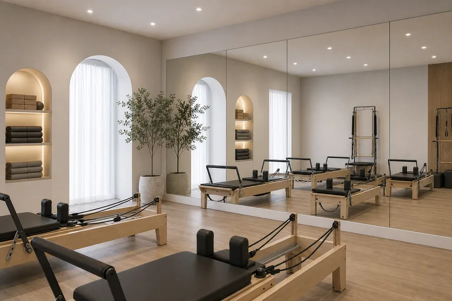 Pilates studio mirror wall near reformer equipment