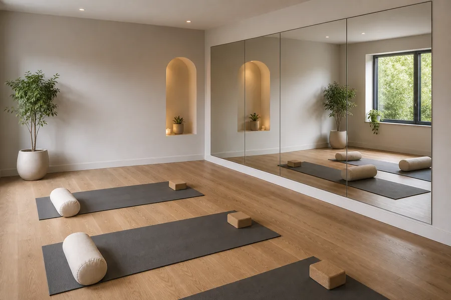 Mirror wall installed in a calm yoga studio