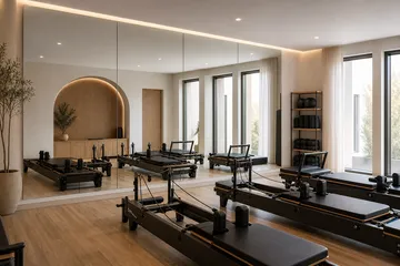 Finished mirror installation in a reformer Pilates studio