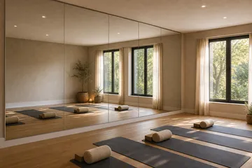 Large mirror wall installed in a yoga studio